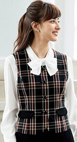 11790 en joie(アンジョア) ラウンドネックと4つボタンの上品華やぎベスト 無地×チェック 93-11790