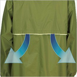 ムレを逃がす背面ベンチレーションと、安全性を高める反射パイピング付